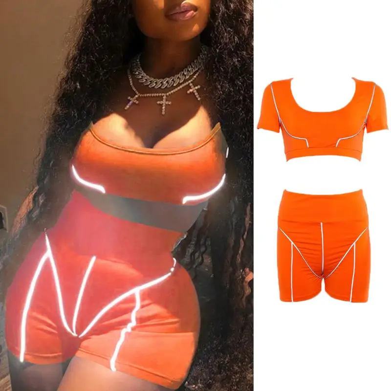 

Women Sport Outfits Neon Color Crop Top High Waist Shorts Reflective Tracksuit 6XDA