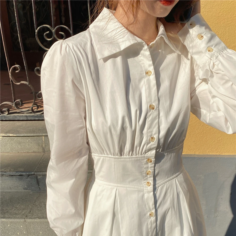

Spring Fall Korean Retro White Shirt Dress Waist Temperament Long Sleeve A Line Midi Elegant Ruched Office White Fashion Clothes