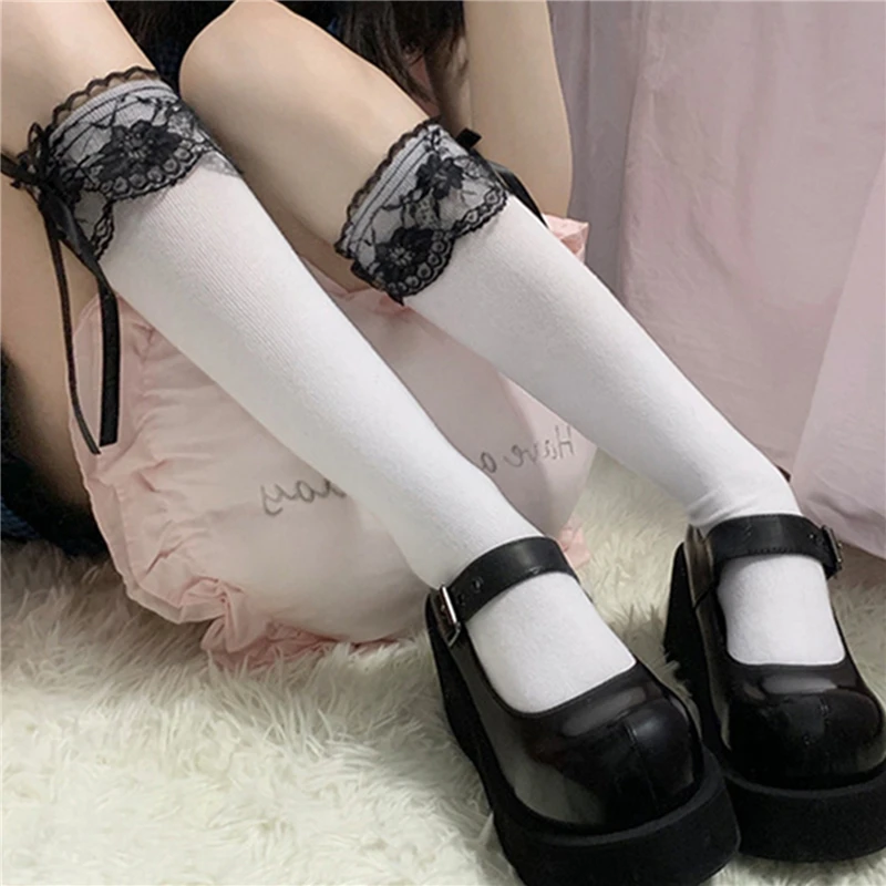 

Cute 1 Pair Lolita Socks Girls Japanese Style Pure Color Bow Lovely Cosplay High Quality Spring Autumn Soft Socks