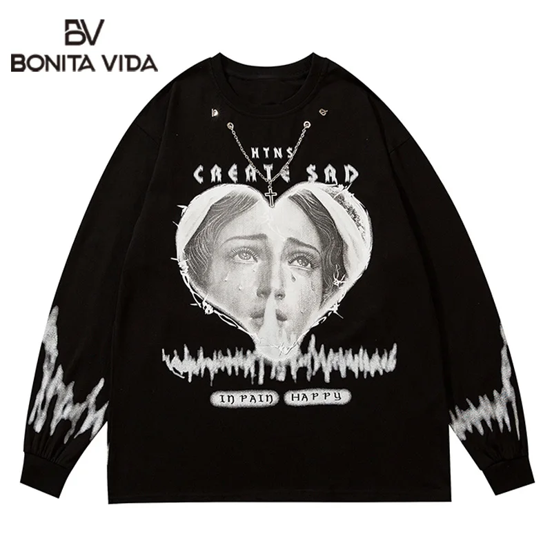 Bonita Vida Tshirts Heart Virgin Mary Print Chain Tees Shirts Streetwear Hip Hop Cotton Casual Harajuku T-Shirt Loose Tops