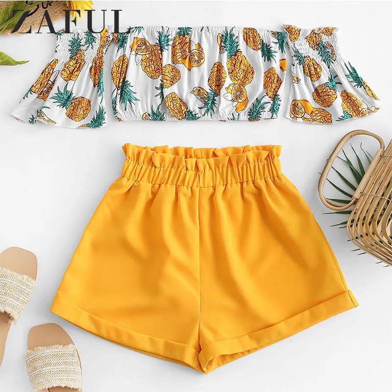 ZAFUL топ с открытыми плечами рисунком ананаса и шорты короткими рукавами женский