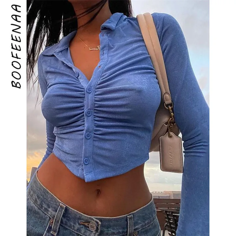 

BOOFEENAA Sexy Collared Ruched Button Up Shirt Y2k Clothes Womens Crop Tops and Blouses Green Elegant Vintage Cardigan C92-CA20