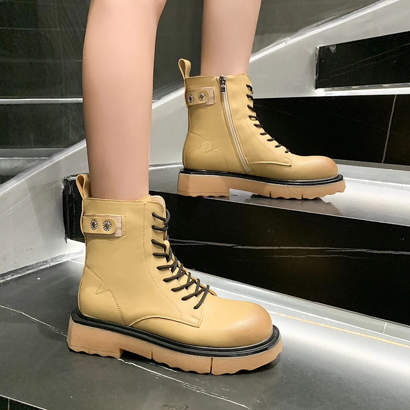 

Женские ботинки на платформе, однотонные ботинки до середины икры с круглым носком и перекрестной шнуровкой в британском стиле, Новинка осе...