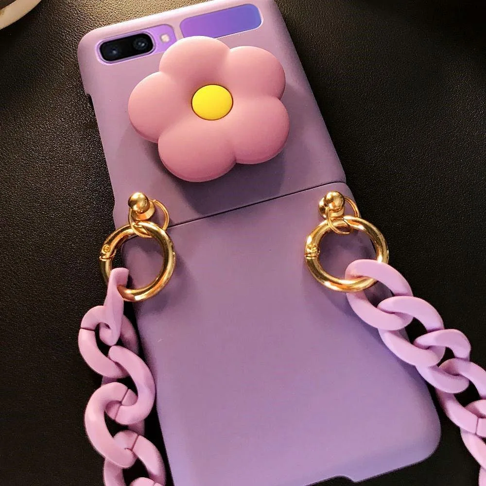 Korean Fashion DIY Cute Flower Bracket Stand Holder Hand Chain Case Cover For Samsung Galaxy Z Flip 4G 4 3 5G Frosted Hard Cover