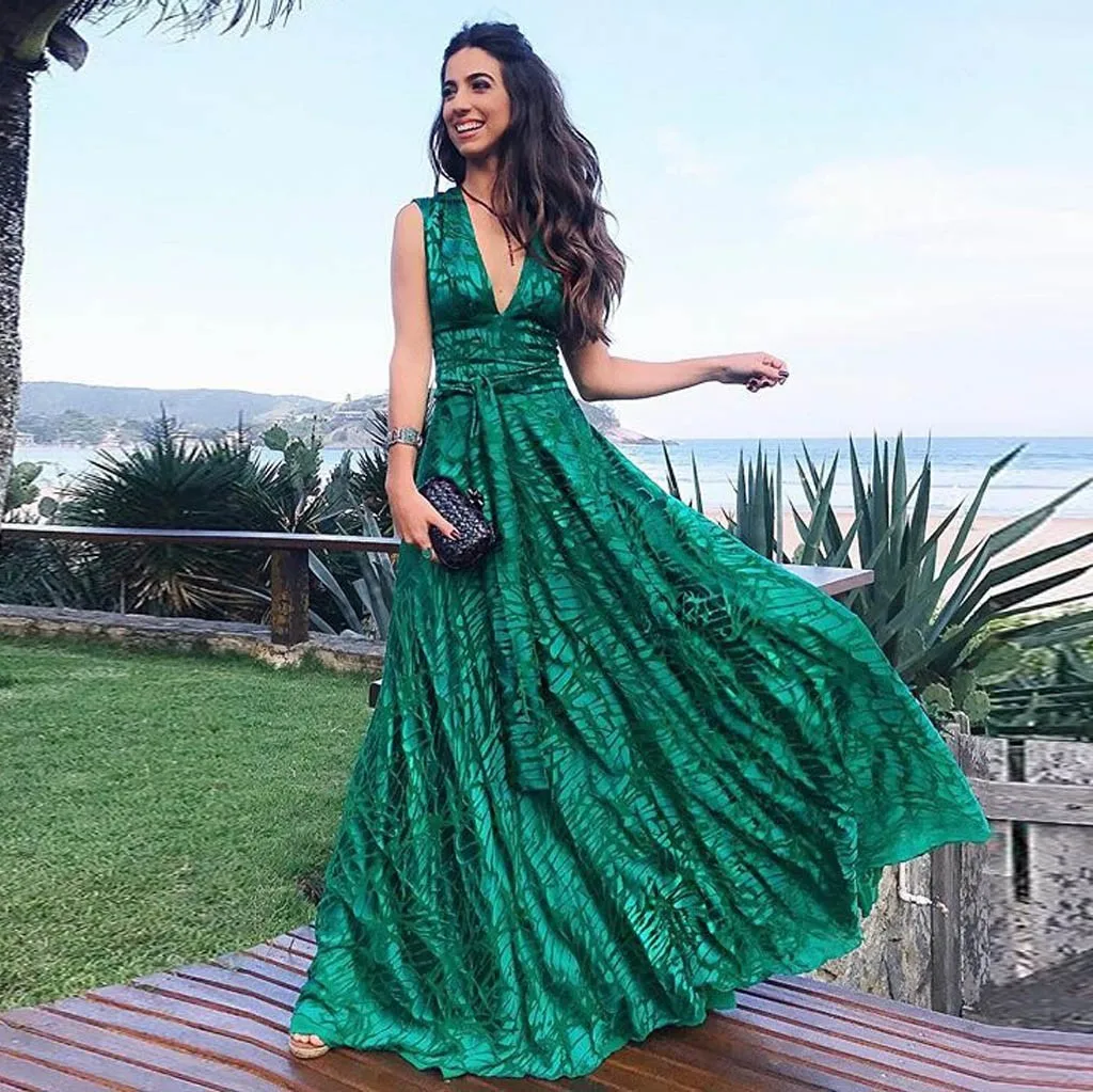 Зеленое пляжное винтажное платье-макси в тропическом стиле женское платье бохо