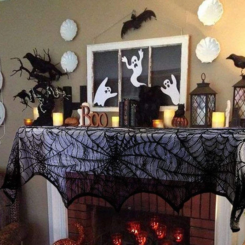 

Halloween Rectangle Lace Spiderweb Tablecloth & Lace Spiderweb Fireplace Mantle Scarf for Halloween Dinner Parties 2Pcs