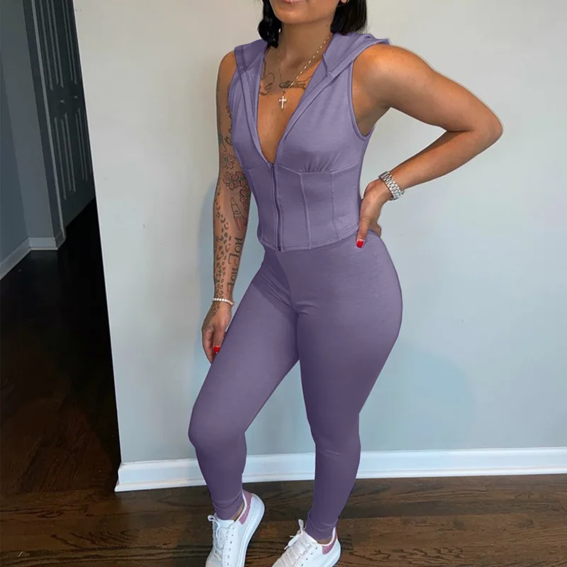 

2 Piece Set Women Slim Corset Hooded Vest Tops and Pencil Pants Set Outfit Tracksuit Female Joggers