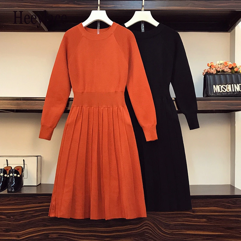 

Женское вязаное платье-свитер размера плюс, однотонное элегантное базовое плиссированное платье с длинным рукавом, Осень-зима