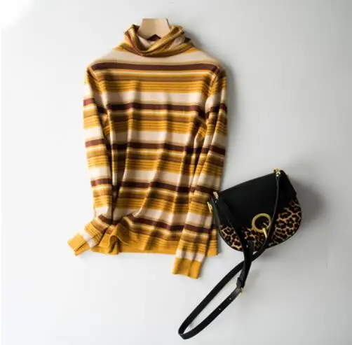 Yellow Stripes Женский пуловер с цветным градиентом GCAROL, вязаный свитер с хомутом, трикотажный джемпер в полоску с содержанием шерсти 30%, подходит под все, водолазка для весны, осени и зимы - Цвет: Yellow Stripes