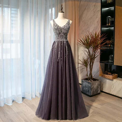 Evening Dress Deep V-Neck Luxurious Sleeveless Floor-Length Backless Sequins Appliques A-Line Party Formal Dresses Woman B1177