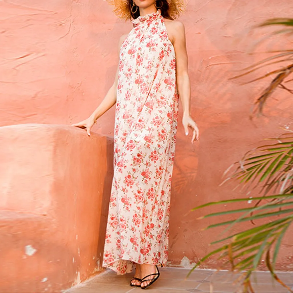 Летнее пляжное макси платье с высоким воротом шифоновое цветочным принтом