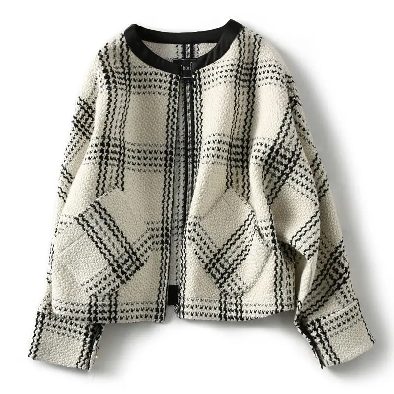 

HSTAR Autumn 2020 Women's New Fashion Versatile Loose Zipper Casual Black and White Plaid Coat