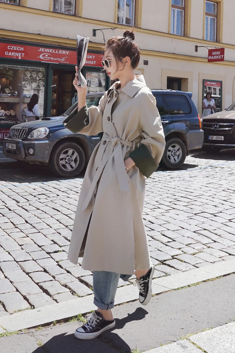 

Women Trench Coat 2020 Autumn Korean Splice Loose Casual Bandage Long Jacket Windbreaker Female Single Breasted Overcoat Cloak