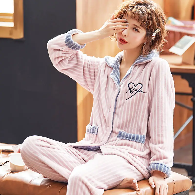 Women Pajama Sets Winter Warm Coral Fleece Women Pajamas Set For Women Flannel Thick Pyjamas Long Homewear Sleep Lounge