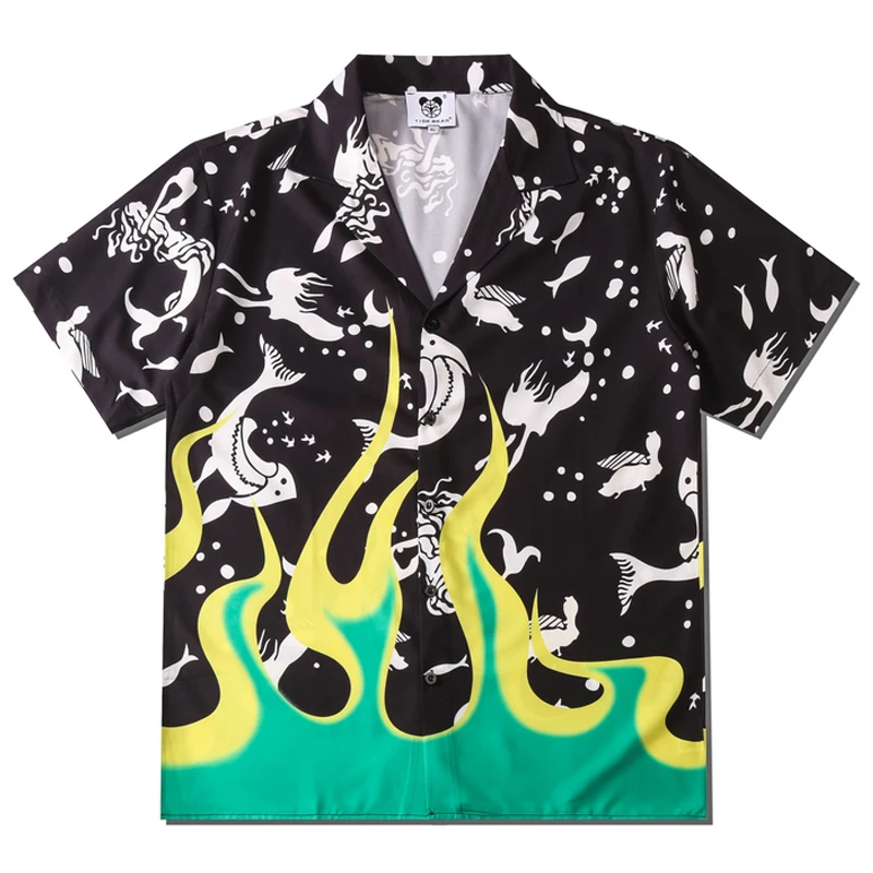 

Hawaiian Men Shirts Harajuku Flame Printed Turn-Down Collar Polo Shirt Unisex HipHop Streetwear Holiday Male Black Tropical Tops