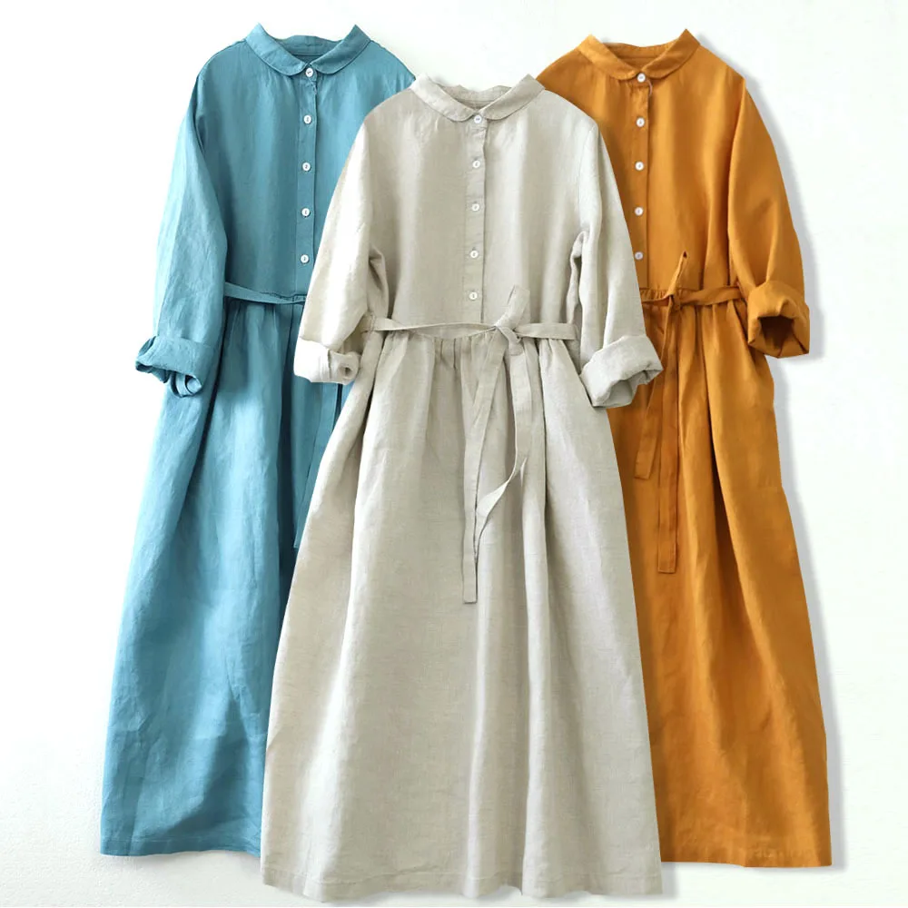 

Cotton Linen Long Sleeve Dress New Doll Collar Loose Long Dresses Solid Color Retro Belt Classic Dresses For Women 2022 Vestido
