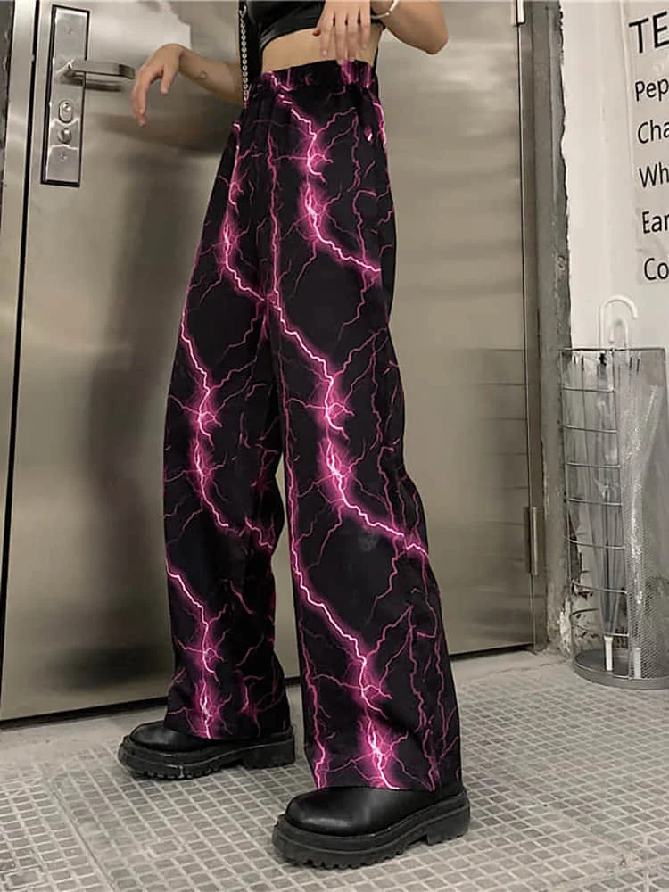 

New Spring Autumn Hrajuku Wide Leg Pants Women Loose Ankle-Length Pants Printed Lightning Cool Girls Streetwears