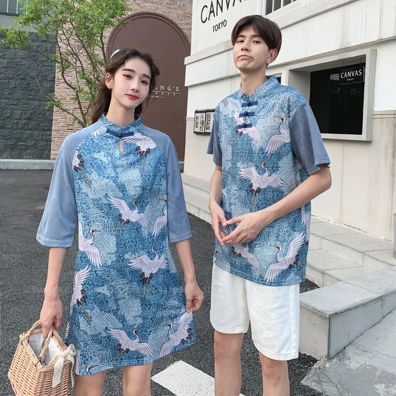 Женский и мужской костюм традиционный китайский Чонсам с принтом журавль Qipao Hanfu