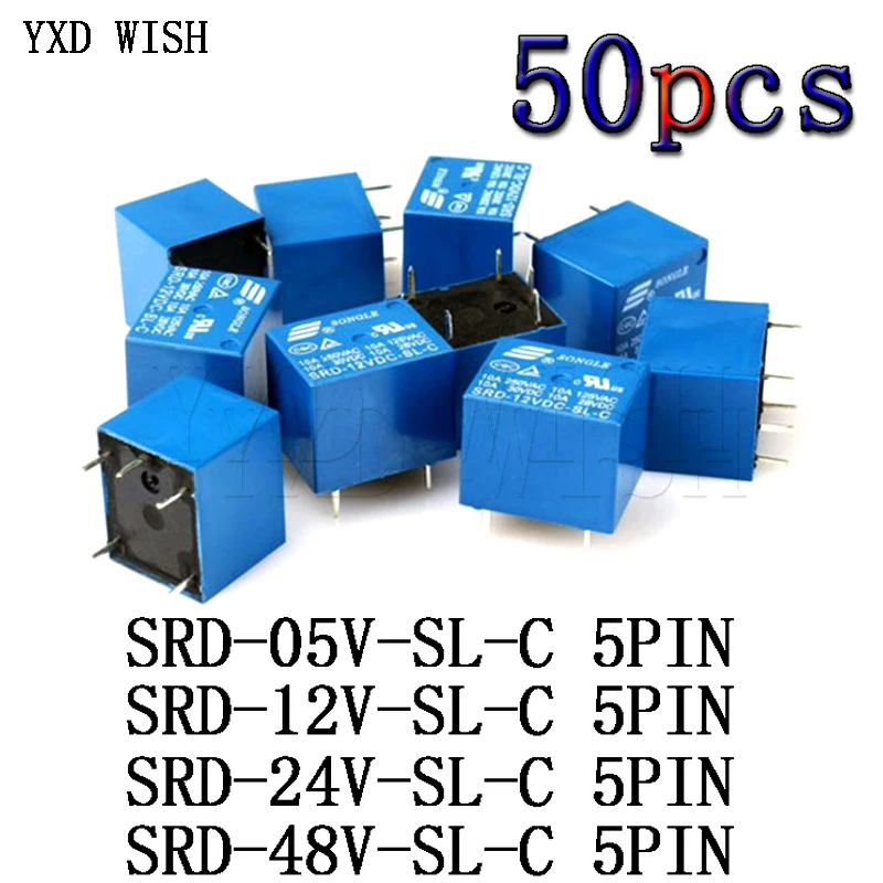 Relés de Potência Lote Relé Srd-05vdc-sl-c Srd-09vdc-sl-c Srd-12vdc-sl-c Srd-24vdc-sl-c 5v 9v 12v 24v 10a 250vac 5pin T73 50 Pçs –