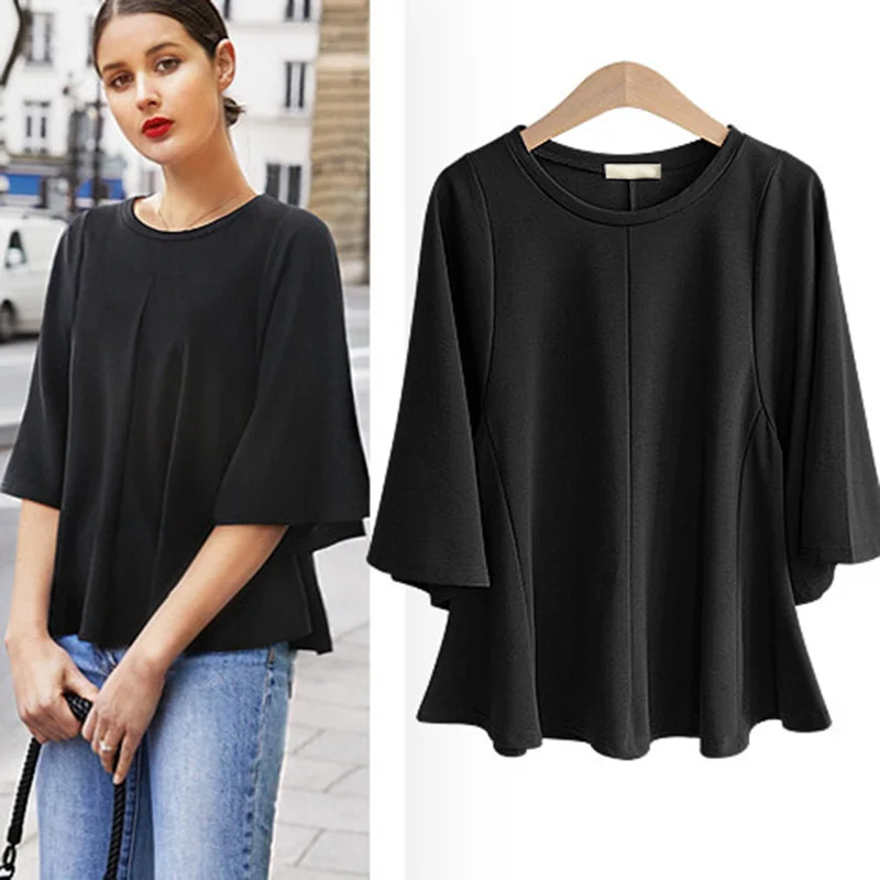

Geskeey Spring Summer Tee Women T-Shirt Casual Polyester Pure Solid Flare Sleeve Office Lady Tops Clothes Plus O-Neck Commute
