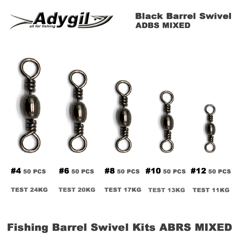 

Adygil Black Fishing Barrel Swivel Kits ADBS MIXED Barrel Swivel Kits #4 #6 #8 #10 #12 250pcs/lot