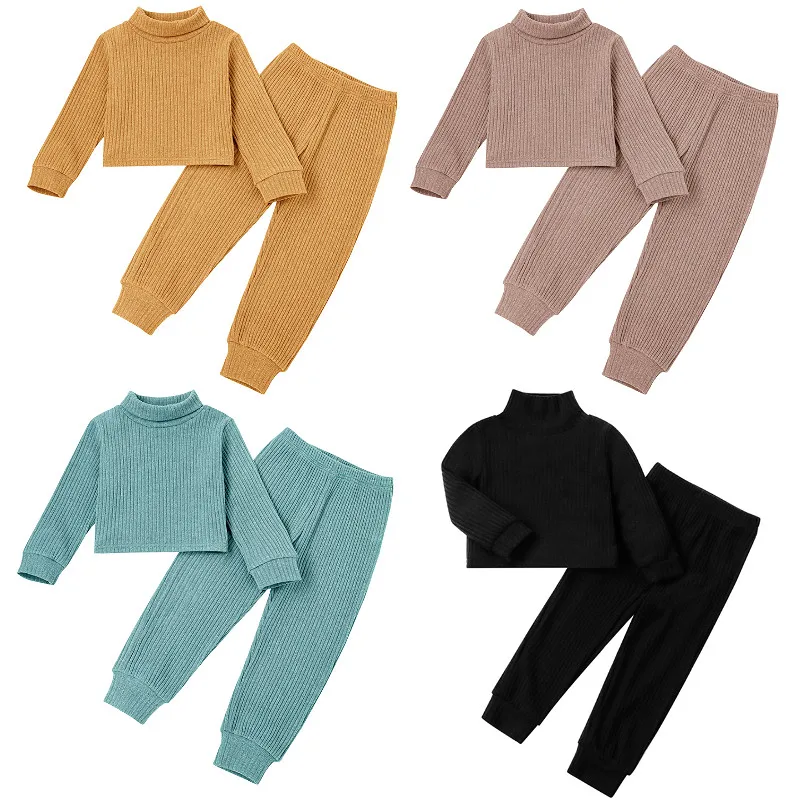 

Осенние комплекты одежды для маленьких девочек, однотонная вязаная водолазка, пуловер, топы, штаны, Детский Повседневный комплект одежды, д...