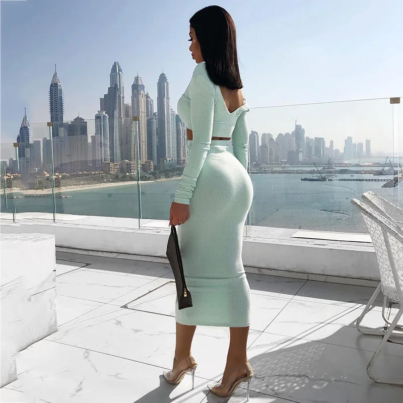 

Sexy V-neck Long Sleeve Two-piece Suit Skirt Autumn Winter Skinny Long Sleeve Super Short Tops and Midi Skirt 2 Piece Suit