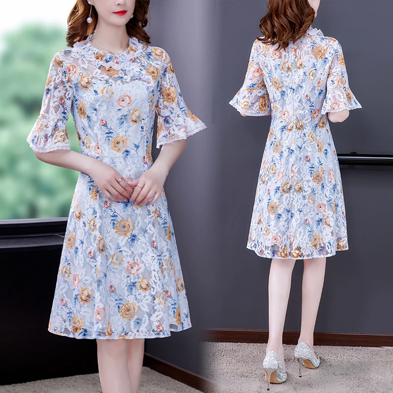 

COIGARSAM 3XL Plus Size French Style Lace Women dress New Summer Vintage Dresses Blue Color 9716