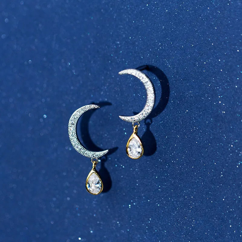

Real Authentic 100% 925 Sterling Silver fine Jewelry zirconia aaa+ Crescent Moon &Waterdrop Tears dangle Long Earrings Gtle2518