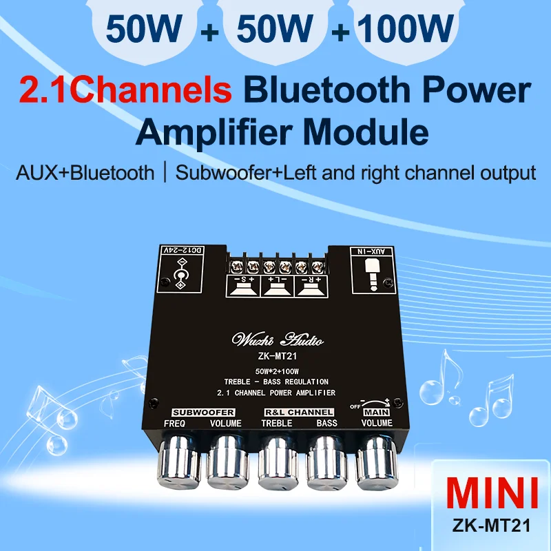 ZK MT21 Bluetooth 5 0 панель усилителя сабвуфера 50 Вт x2 + 100 2 1 канальный усилитель мощности