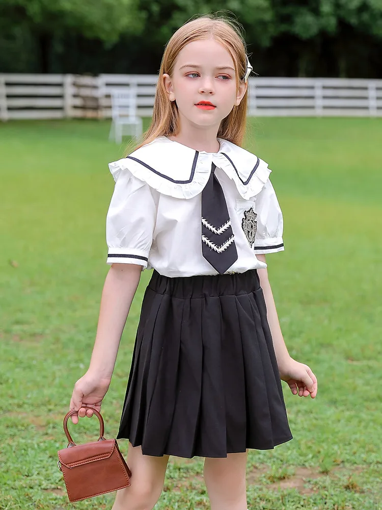 

2 Piece Children Clothing Set Girls Fomal Shool Uniform Clothes Short Sleeve Turndown Collar T Shirts And Skirts Outfits Suit