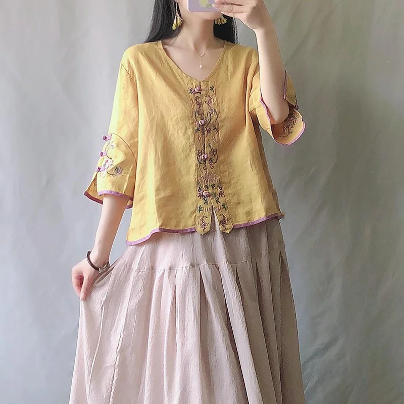 Традиционная китайская одежда qipao для женщин хлопковая льняная Блузка-Ципао топы