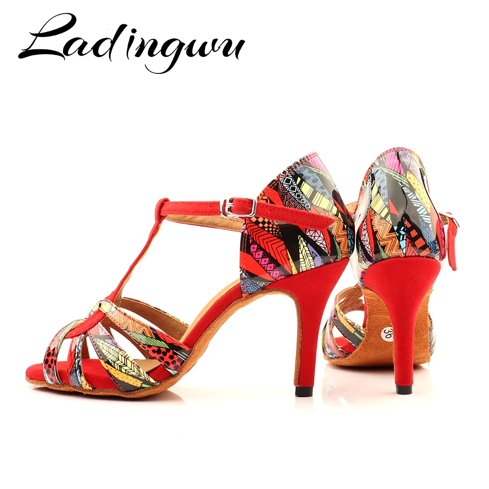 

Ladingwu Hot Brand Latin Dance Shoes Salsa Women Girls Comfortable Dance Shoes Sandals Colorful Geometric Print Pattern Shoes