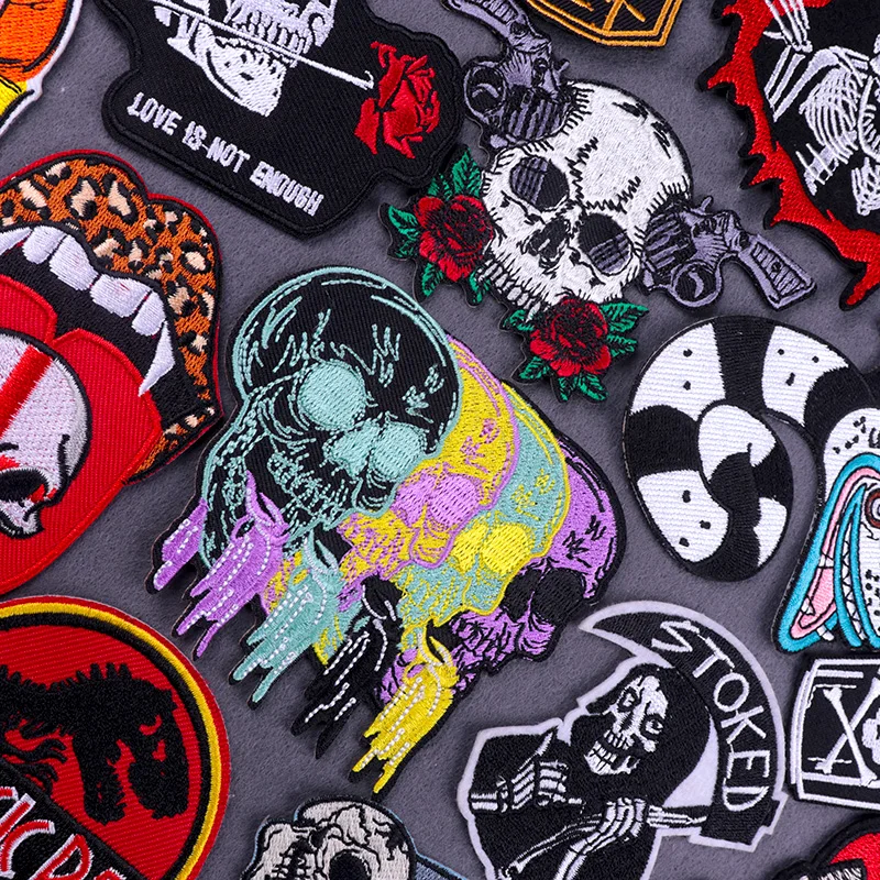 

Hippie Skull Patches On Clothes Iron on Patch For Clothing Punk Rock Stripe Fusible Patch Rock Biker Clothing Stickers Badges