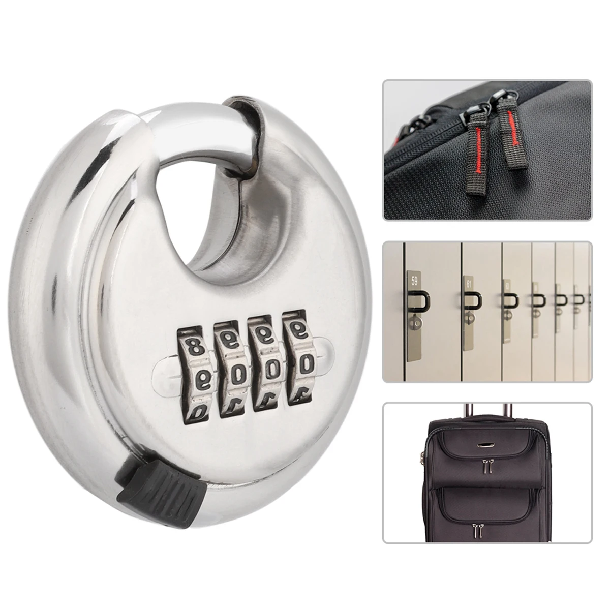 

Stainless Steel 4-Dial Combination Lock Password Round Padlock Key Safety Code Lock For Outdoor Warehouse Fences Weatherproof