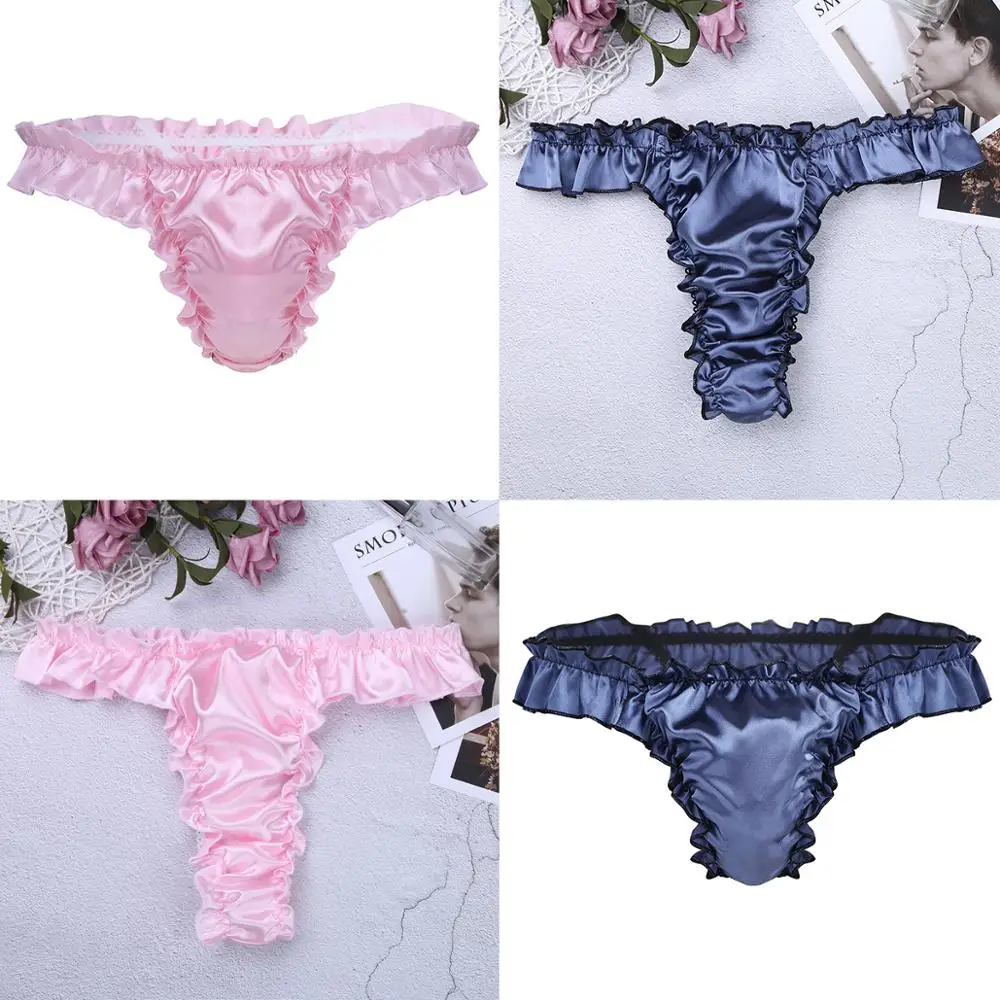Hot Sexy Men Satin Seamless Soft Smooth Frilly Ruffle Erotic Sissy Panties Thong Male Crossdressing Gay Underwear Bikini Briefs |