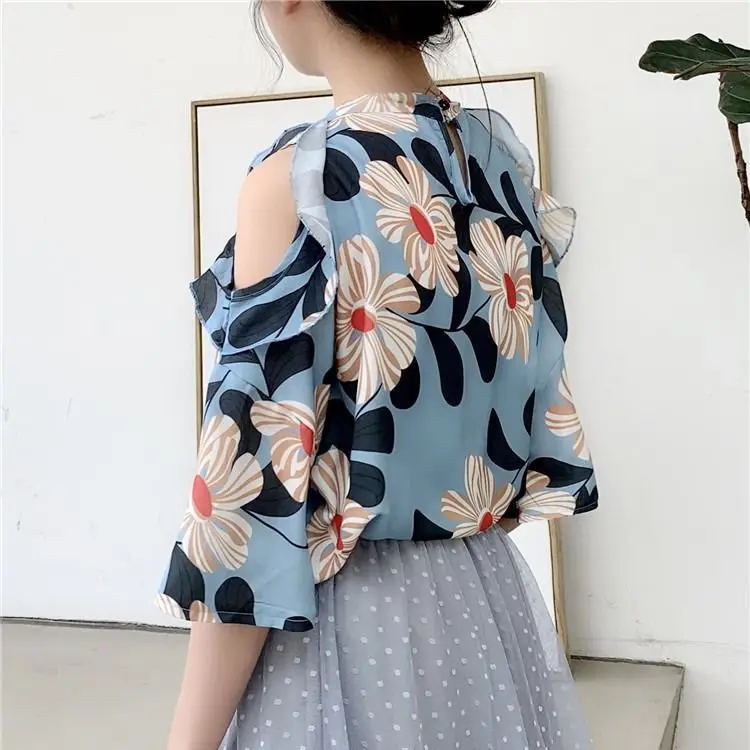 

Women Blouses Summer Casual Fashion Brand Printed Chiffon Shirt Top Multicolor Doll Flower Short-sleeved Off-shoulder Top