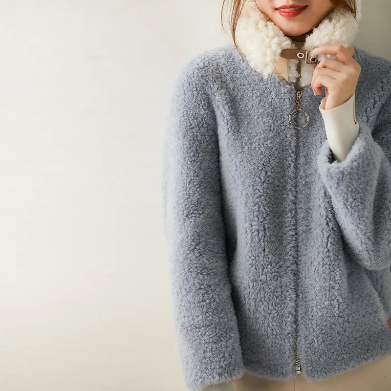 Women Lambswool Coats Winter Warm Slim Wool Coat Light Blue Turn-Down Collar Real Fur Overcoats Short Fashion Female Jackets