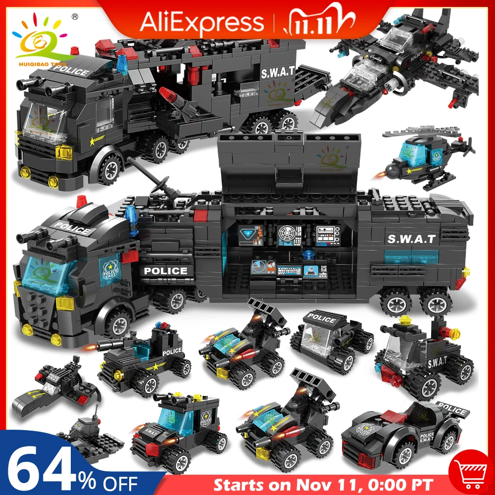 

HUIQIBAO SWAT Police Station Truck Model Building Blocks City Machine Helicopter Car Figures Bricks Educational Toy For Children