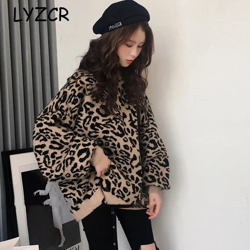 Зимний пуловер женский свитер с леопардовой раскраской Вязаный Свитер оверсайз
