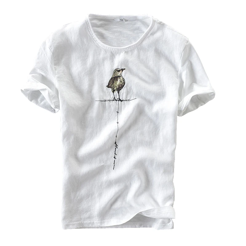 

Cotton Linen Short Sleeve Tshirts for Men Fashion Print White Bird Embroidery T Shirt Male Summer New Casual O-Neck Tees Tops