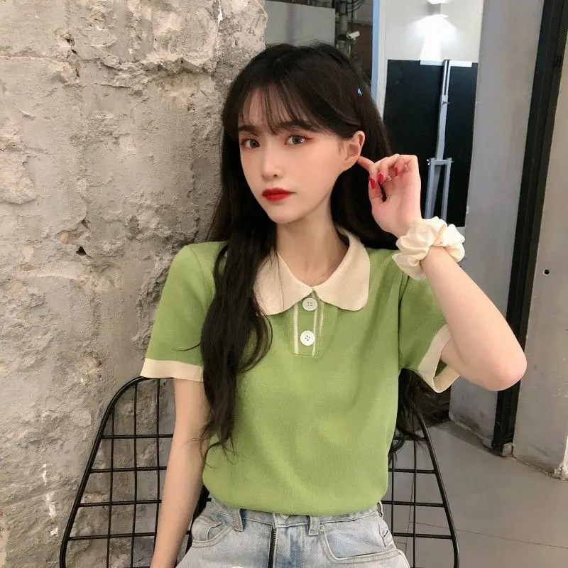 

Woman TShirts Candy-Colored Top Women's Summer Japanese Knitted Short-Sleeved T-shirt Crop Top Mujer Camisetas