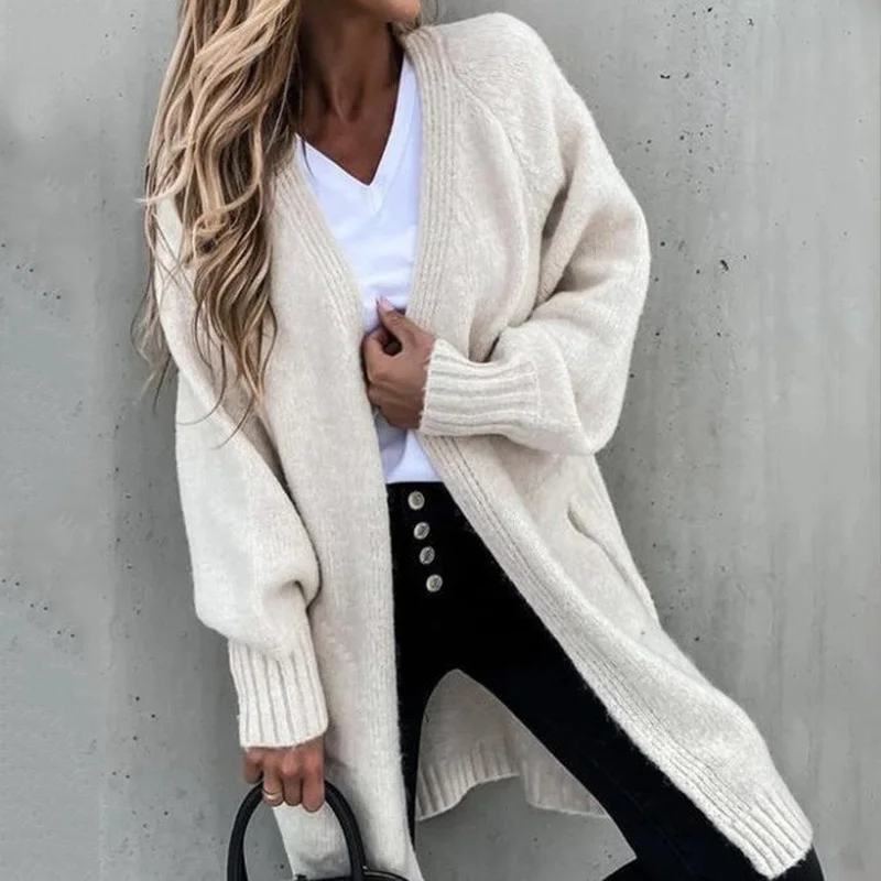

Lugentolo Long Cardigan Women Knitted Sweater Fall Fashion Loose Long Sleeves Solid Color Cardigan Sweater Women