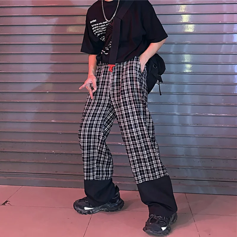Брюки унисекс в стиле Харадзюку свободные длинные брюки клетку для мужчин и