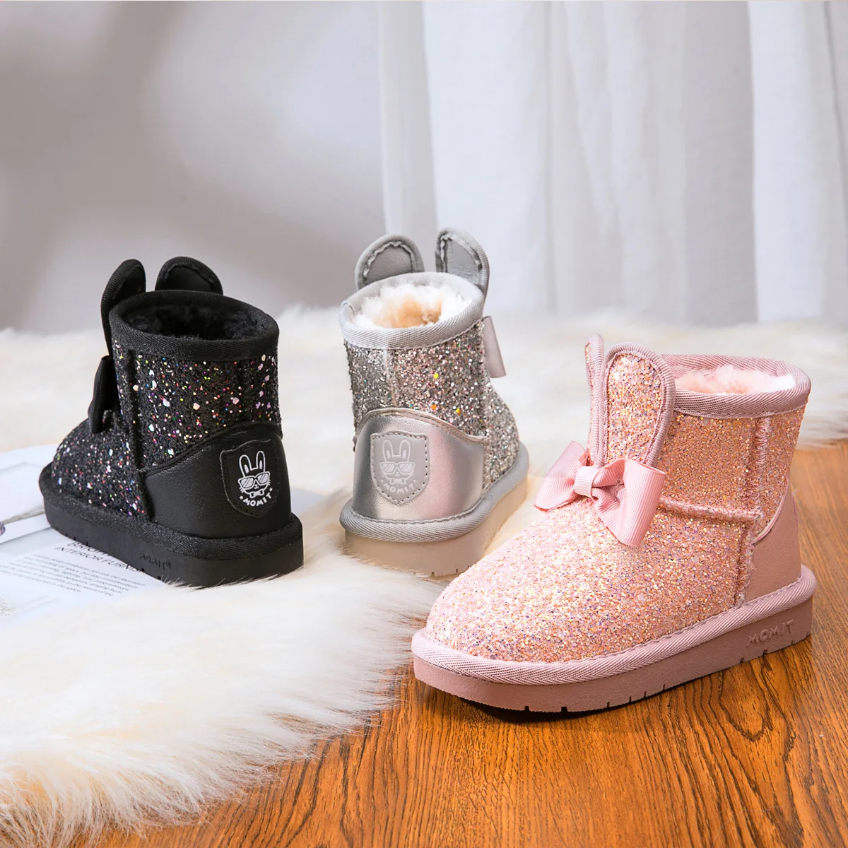 

New Winter Sequins Girls Snow Boots Warm Toddler Girls Boots Fashion Luminous Princess Kids Boots For Girl Rabbit Children Shoes