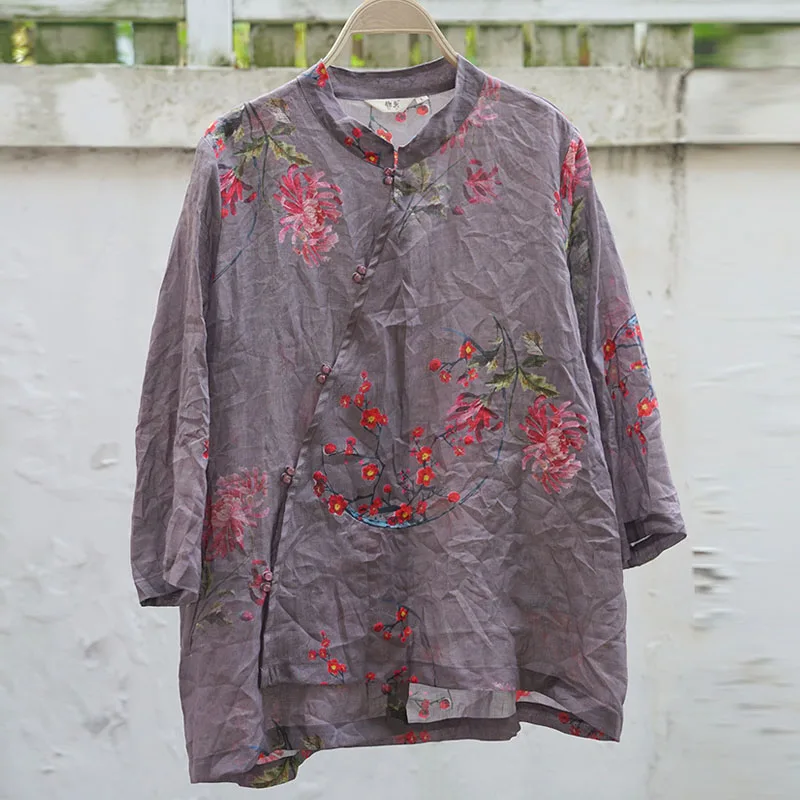 Рубашка женская Johnature свободная из хлопка и льна с подставкой пряжкой принтом