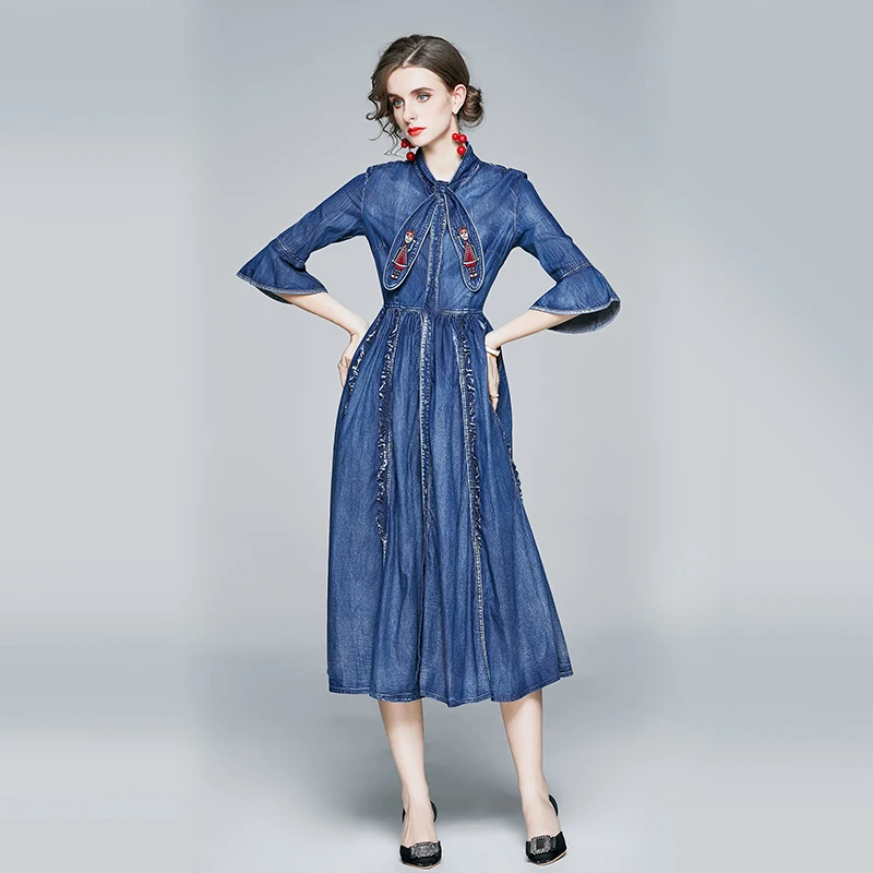 

JSXDHK Runway Fashion Women Ruffles Denim Dress Autumn Elegant Flare Sleeve Embroidery Bow Blue Dress Big Swing Tassel Vestidos