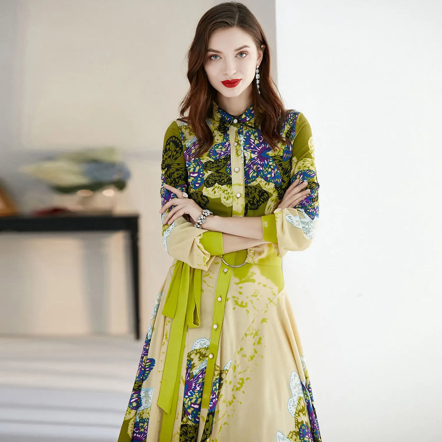 

2021 print Lapel soft dress fairy super Sen French green skirt