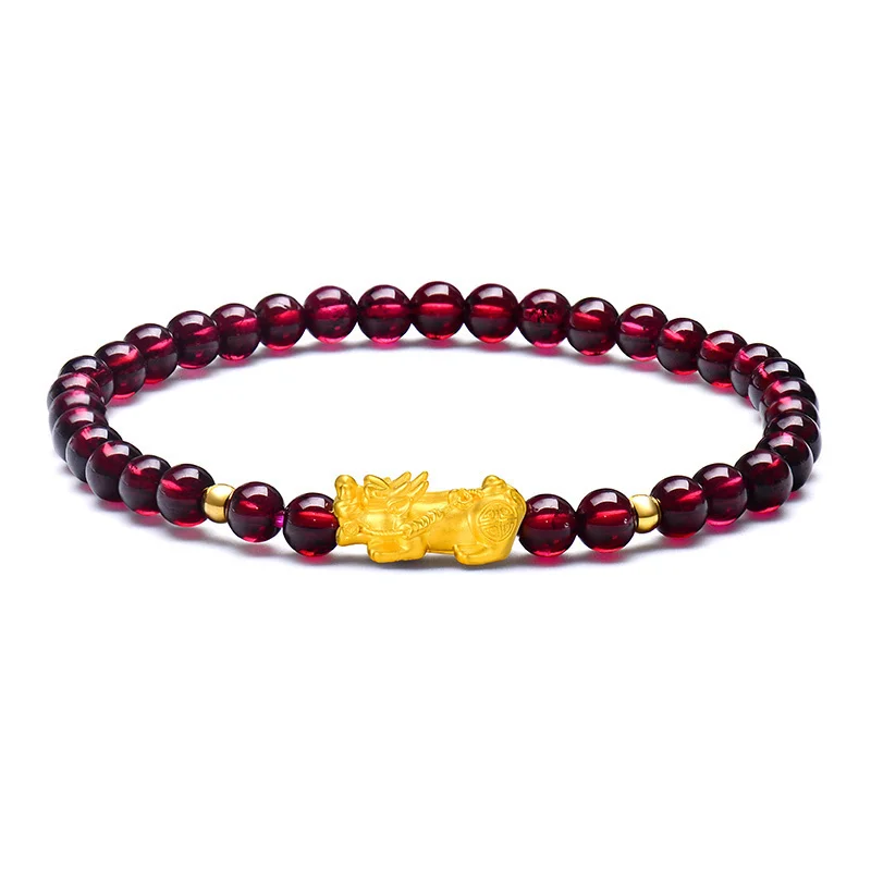 

VANTJ Real Natural 24K Yellow Gold Red Garnet Bracelet Fine Jewelry for Women Lady Party Birthday Wedding Gift