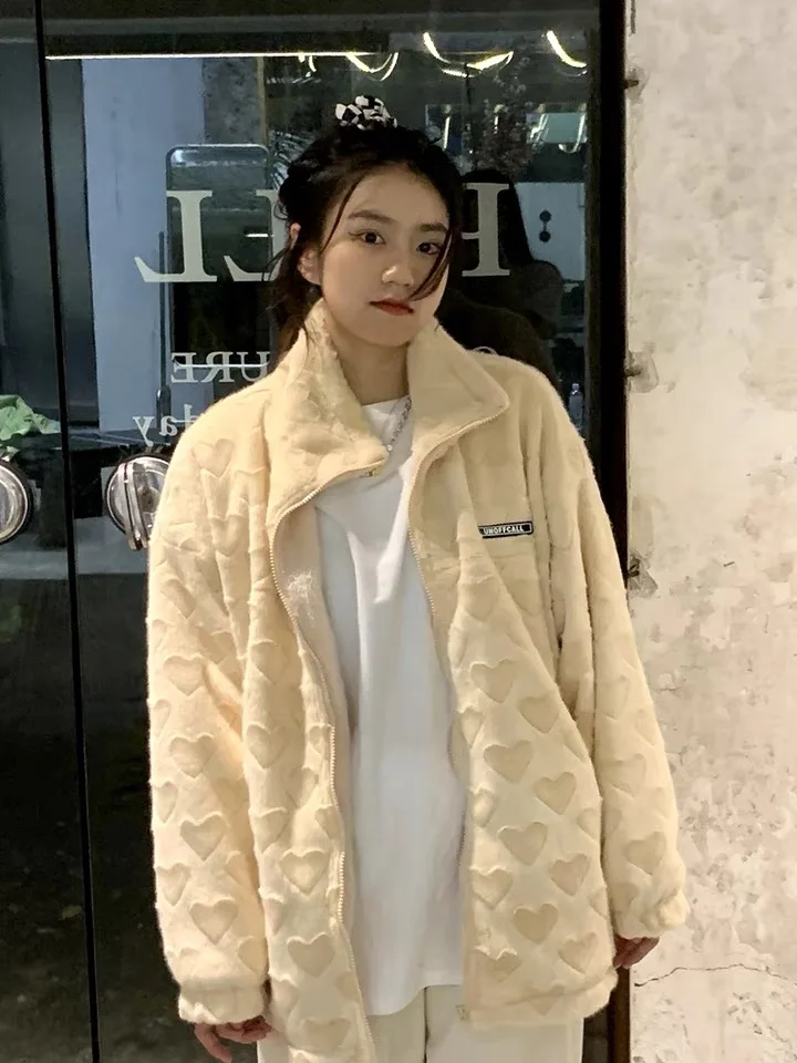 

Heart Pattern Faux Fur Warm Jacket For Women Winter Thick Zipper Long Sleeve Loose Jacket Ladies Casual Outwear